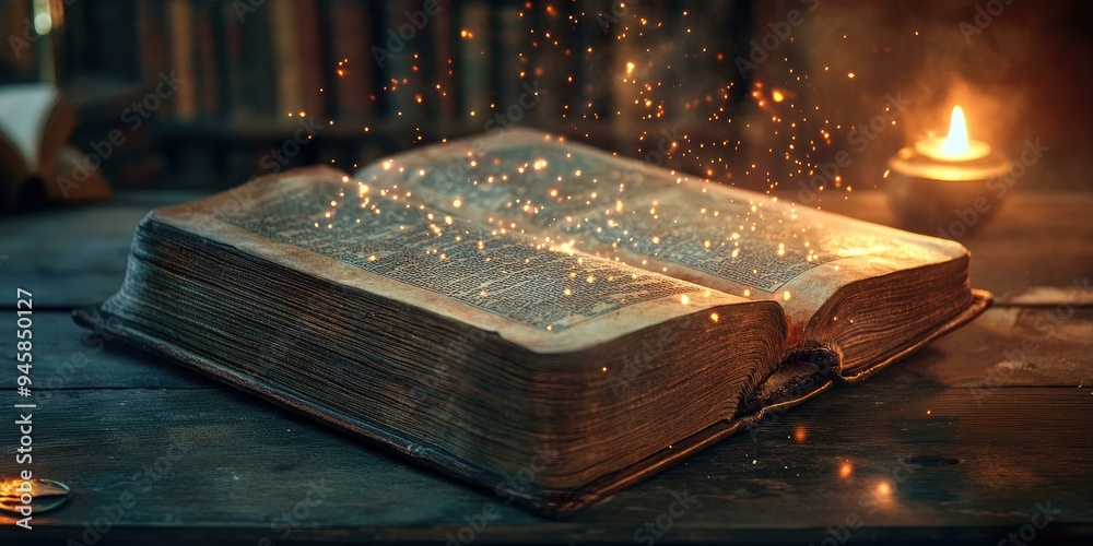 Poster Ancient book glows with magic sparks.