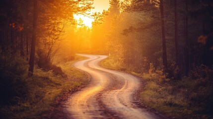Fototapeta premium Golden sunrise over a winding road through the forest, evoking the beauty of nature.