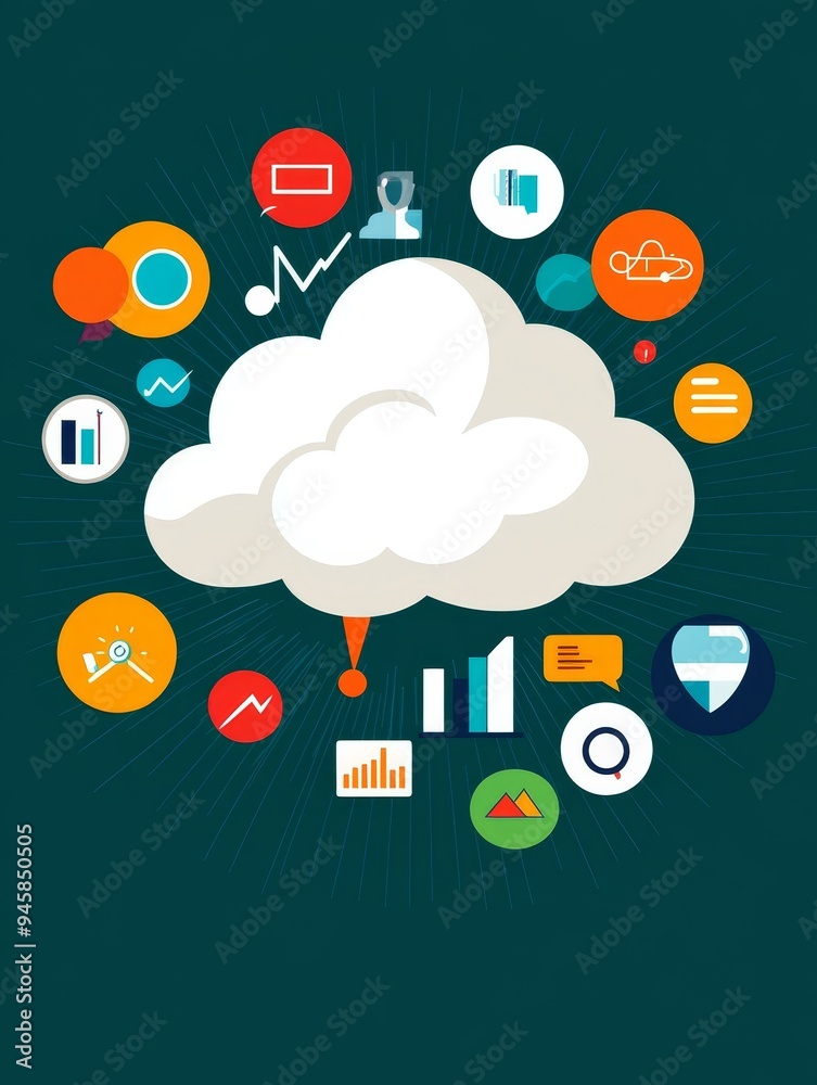 Poster a flat illustration of an abstract cloud with various icons representing data analysis, cloud comput