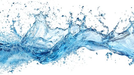 Isolated splashes and droplets of water creating a dynamic blue wave on a white background