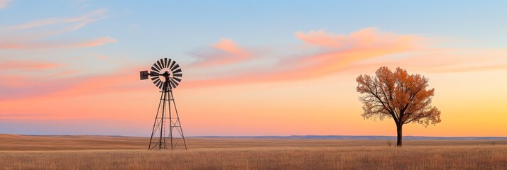 A lone windmill stands tall against a vibrant sunset sky, its silhouette casting a long shadow across the golden field. The sky is ablaze with hues of pink, orange, and purple, symbolizing hope, tranq