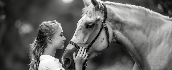 Black and white image of a girl gently caressing a horse