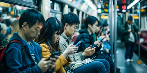Commuters focused on smartphones during subway ride in crowded train