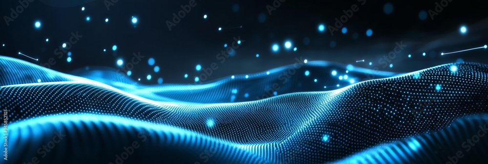 Poster a mesmerizing digital background featuring a dynamic blue wave with glowing dots and lines. it symbo
