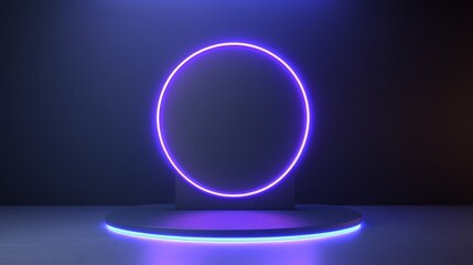 A minimalist 3D  featuring a circular platform with a glowing neon purple outline, illuminated by blue and purple lights.  The platform evokes a sense of futuristic technology, product showcase, and b
