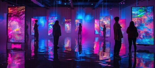 A group stands before colorful дшпре paintings in a museum