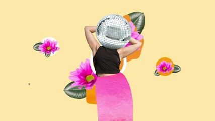 Animation. Stop motion. Woman with disco ball head isolated over yellow background with floral design. Music lifestyle. Concept of art, music, creativity, vintage style. Copy space for ad