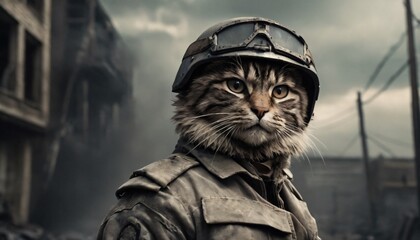 Fototapeta premium cat in a military uniform standing in a war zone, wearing a helmet and a jacket