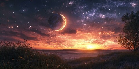 Fototapeta premium A crescent moon and a starry night sky over a