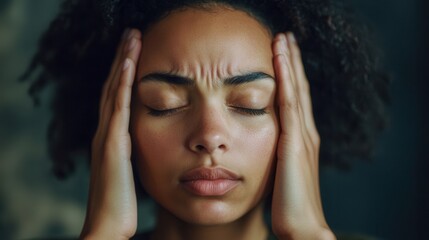 Fototapeta premium The woman is expressing feelings of stress and anxiety with her hands on her head and eyes closed, reflecting a moment of emotional overwhelm. Generative AI