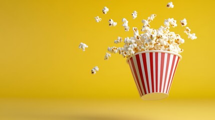 A red and white striped popcorn bucket with popcorn spilling out, flying in the air, against a bright yellow background.  Symbolizing excitement, fun, snacks, entertainment, and celebration.