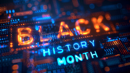 Fototapeta premium Neon, digital-themed 'Black History Month' sign with circuit patterns.