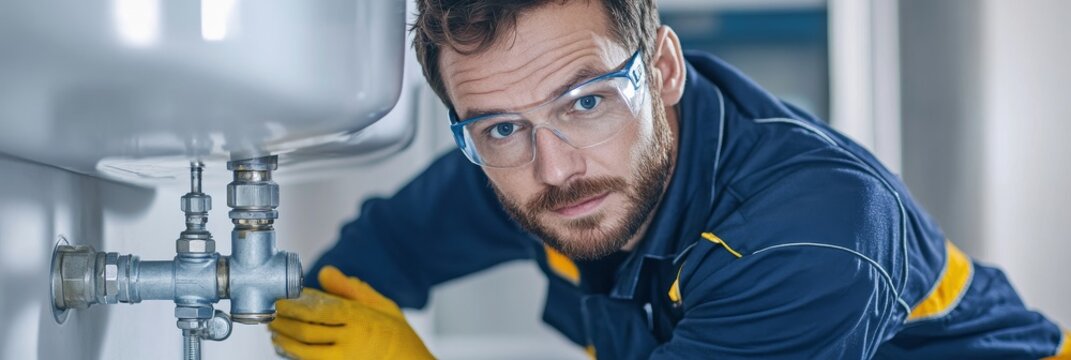 A professional plumber is focused on fixing a leaky pipe under a sink. He is wearing safety glasses and work overalls, signifying expertise and safety. The image conveys the importance of professional