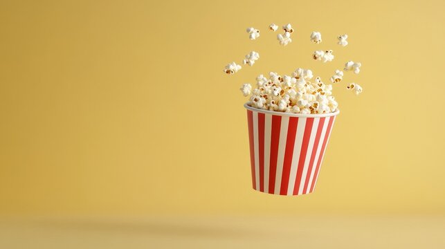 A red and white striped popcorn bucket filled with fluffy popcorn is suspended in mid-air against a yellow background, with popcorn kernels flying around it, symbolizing the joy of movie night, entert
