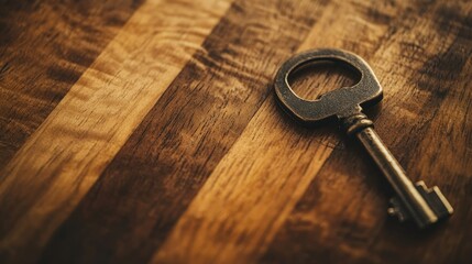 Key to a new house placed on a wooden board with rich grain, representing real estate and homeownership.