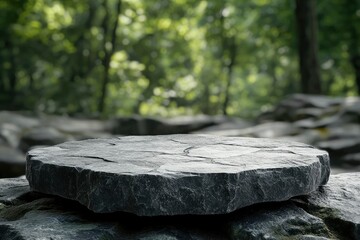 Obraz premium Stone podium on rock platform 3d illustration, grey rock pedestal for a product display stand, green forest and blurred on the background, natural scenery landscape , ai