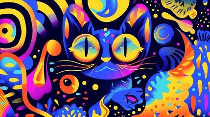 Obraz premium A vibrant and stylized illustration of a cat with exaggerated features, such as large, bright eyes and a bushy tail, surrounded by playful, abstract shapes in bold colors. 8k UHD, suitable for 