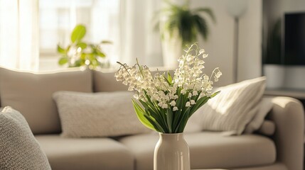 Naklejka premium Living room with a cozy, stylish interior, featuring a vase of blooming Lily of the Valley.