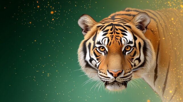A striking  illustration of an Indian tiger's face,  in detail with a captivating gaze. The tiger is set against a green background with delicate golden sparkles, symbolizing power, grace, and the bea