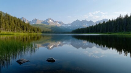 A tranquil mountain lake with crystal-clear water reflecting the surrounding majestic peaks and lush evergreen forest, symbolizing peace, tranquility, wilderness, nature's beauty, and serenity.