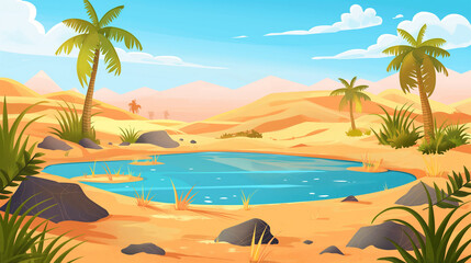 Obraz premium The Sandy desert with small lake under palm trees, game background, Illustration