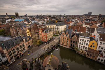 Obraz premium Ghent - November 5th 2022: Panorama of the Medieval old Town of Ghent, Belgium