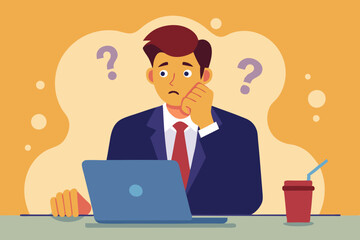 Contemplation, doubt or unsure, curiosity thinking to solve problem, question in the head, uncertainty or confusion, decision concept, businessman thinking on computer laptop with doubt question mark.