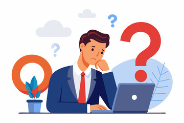 Businessman Reflecting on Uncertainties, Deep in Thought While Using Laptop, Exploring Questions and Solutions, Concept of Decision-Making and Curiosity.