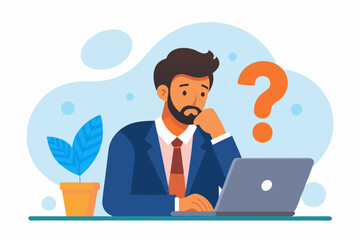 Contemplation, doubt or unsure, curiosity thinking to solve problem, question in the head, uncertainty or confusion, decision concept, businessman thinking on computer laptop with doubt question mark.