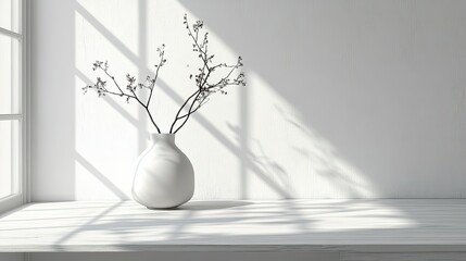 Minimalist decor with a vase on a white wooden table, natural light pouring through the window.