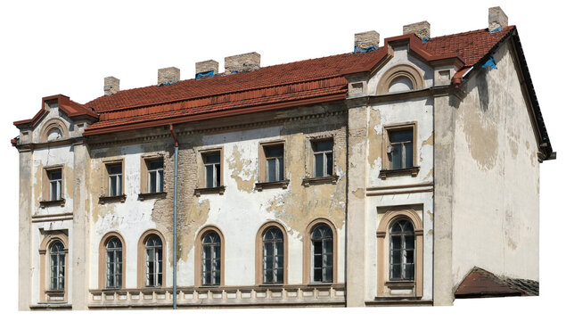 Destroyed  old house with  dirty windows and bricks stove pipes isolated