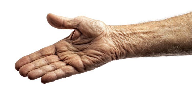 Aged hand with visible veins, isolated on transparent cutout background