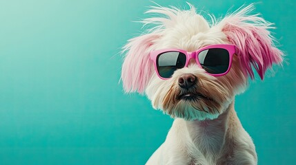 Model dog rocking pink hair and sunglasses, with a chic attitude against a bold teal background.