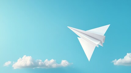 A white paper airplane soars through a clear blue sky, symbolizing freedom, aspirations, hope, dreams, and the pursuit of new horizons.