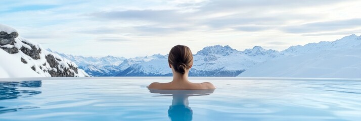 A woman enjoys a peaceful moment in an infinity pool overlooking a majestic mountain range. The serene setting offers a sense of tranquility, connection to nature, and escape from the ordinary.