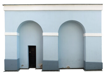 The stone arched entrance to a religious institution is painted blue isolated