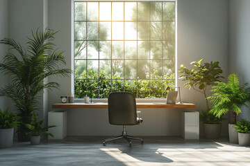 A minimalistic white modern room featuring a sleek desk and chair. The design is clean and simple, with the desk and chair placed against a plain white wall. Exudes a sense of openness and simplicity