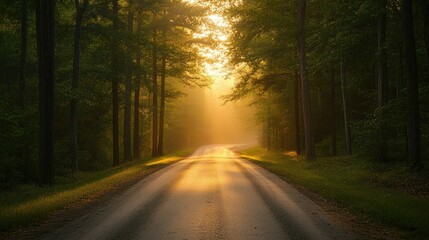 Obraz premium Morning light filters through trees on a forest road, capturing the tranquility of a sunrise.