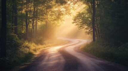 Obraz premium Morning light filters through trees on a forest road, capturing the tranquility of a sunrise.