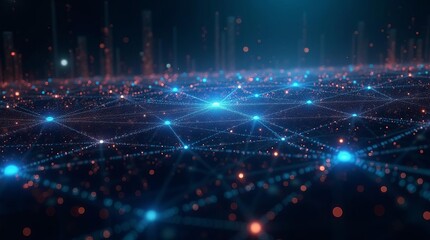 Obraz premium Smart City Network: Futuristic Urban Landscape with Interconnected Glowing Nodes Illustrating IoT and Digital Infrastructure
