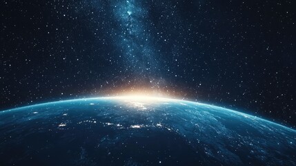 Fototapeta premium Night sky full of stars, with Planet Earth illuminated, an inspiring cosmic view.