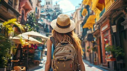 A woman traveler with a backpack exploring the charm of a European city.