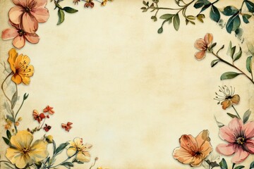 Various flowers and plants on white or off-white and old white paper background, Flowers around the page with space for writing in the middle