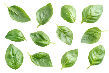 Fototapeta premium Set of fresh green basil leaves, isolated on transparent cutout background