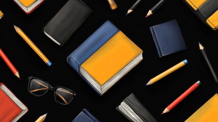 This seamless pattern features a collection of doodles depicting books, pencils, and sunglasses.  The doodles are arranged in a repeating pattern, creating a fun and whimsical design that is perfect f