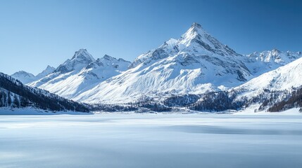 Snow-capped mountains under a clear blue sky, with a frozen lake in the foreground.