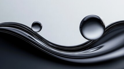 Fototapeta premium Group of water droplets floats on black-white liquid surface, with a single drop atop the bottom