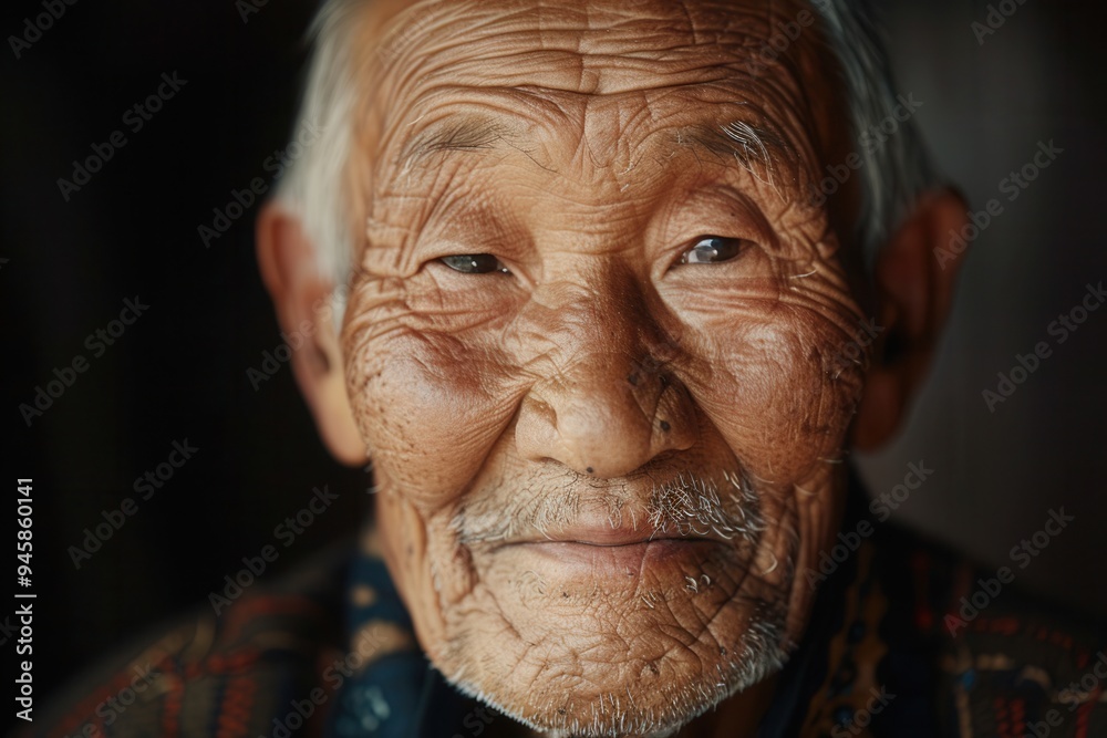 Aufkleber an elderly man expresses deep wisdom and tranquility, his weathered face reflecting a lifetime of ex