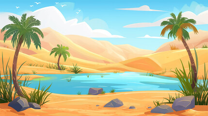 Fototapeta premium The Sandy desert with small lake under palm trees, game background, Illustration