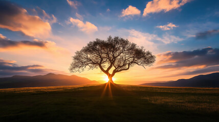 Obraz premium A solitary tree stands tall against a backdrop of a stunning sunset, casting long shadows on the grassy field.